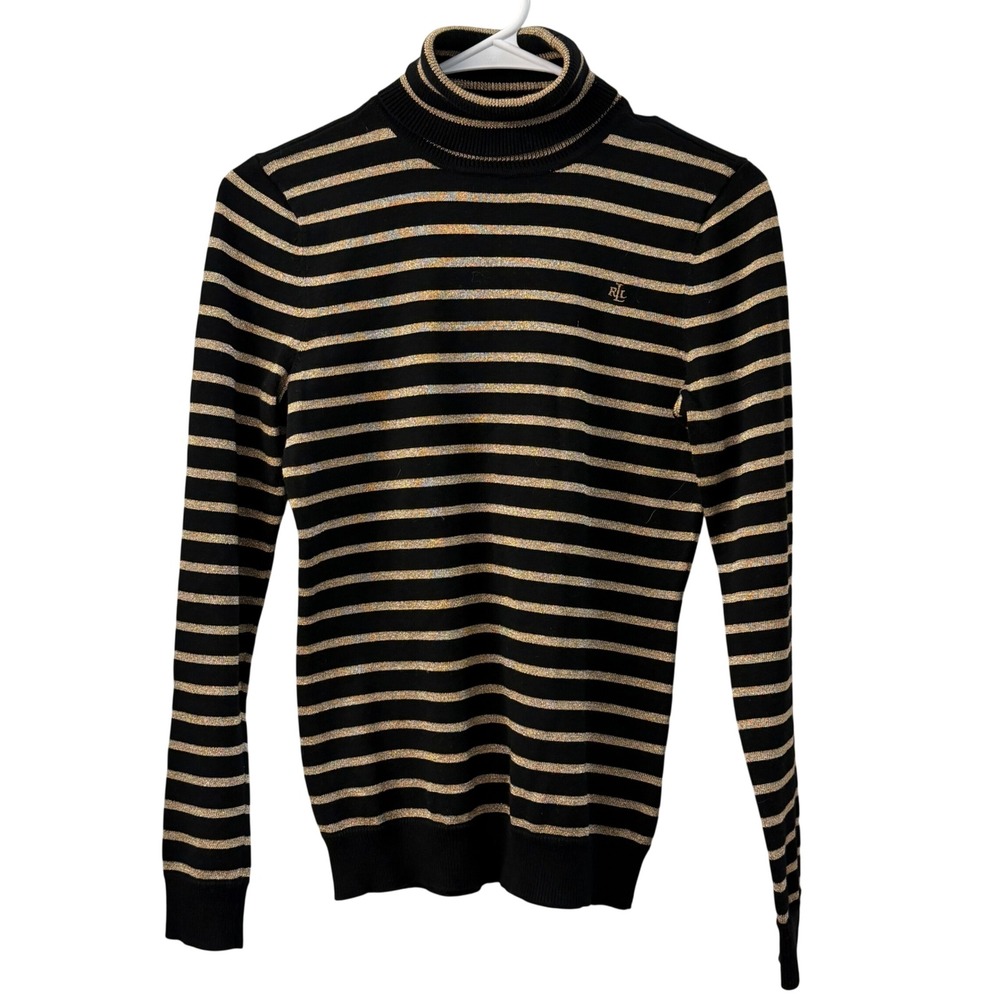 Lauren Ralph Lauren Petite XS Black Gold Metallic Striped Turtleneck Sweater LRL